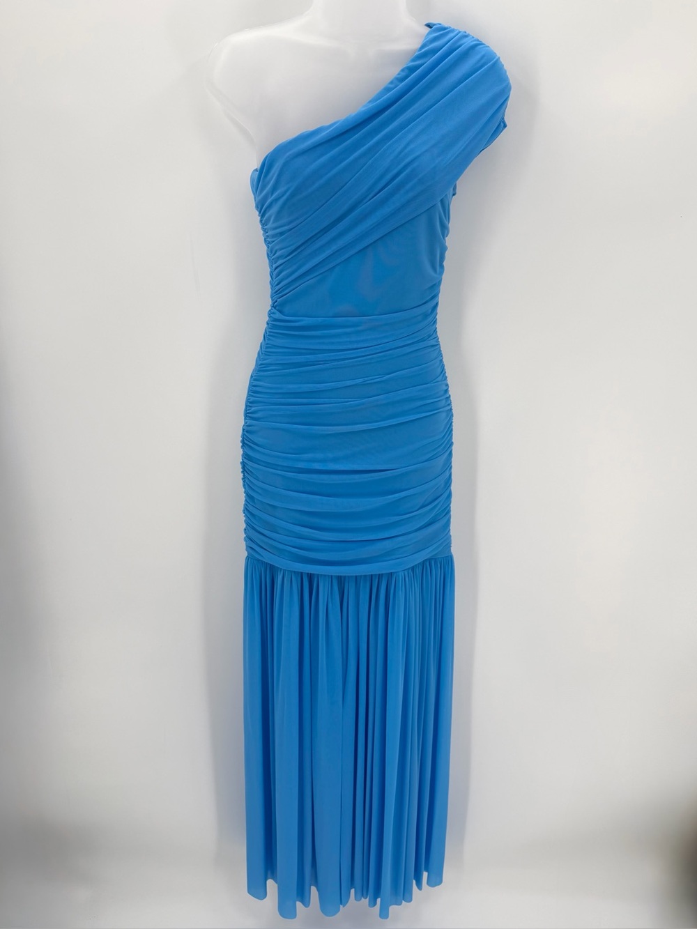 Formal Bodycon Dress Women’s S Blue Ruched Mesh One Shoulder Maxi-LAGSHIAN Brand